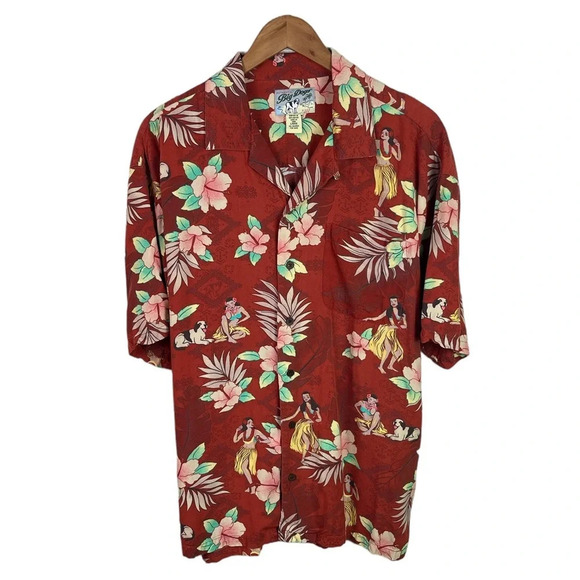BF271 Mens Authentic BIG DOGS Brand Hawaii Hula Girl Floral Rayon Button Shirt L - Picture 1 of 5